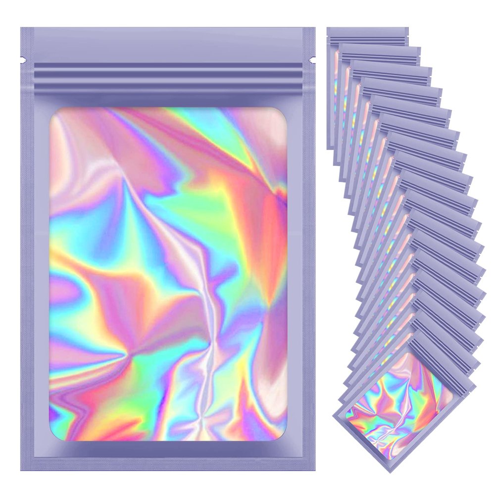 100 Pieces Resealable Mylar Bags, Small Holographic Packaging Bags, Smell Proof Mylar Bags for Food Storage/Jewelry/Eyelash for Small Business (Purple, 3.5x4.7 Inch)