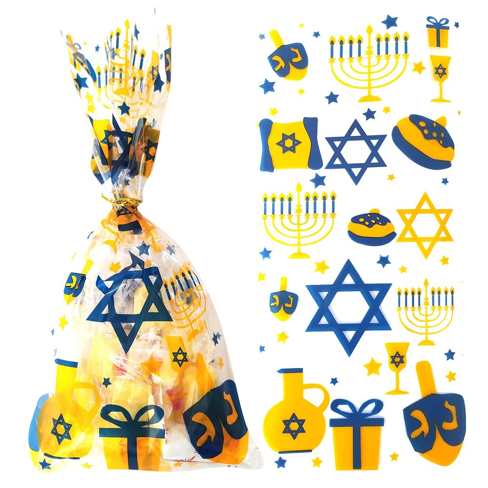 Hanukkah Candy Goodies Bags Chanukah Party Favor Bags Hanukkah Dreidel Menorah Plastic Cellophane Treat Gift Bags for Chanukah Jewish Festival,Wedding,Bridal Shower,Birthday Party Decoration