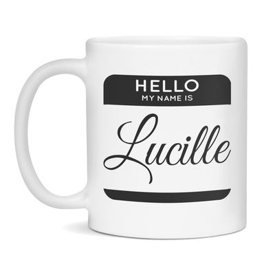 Hello My Name Is Lucille Personalized Girl's Name Tag Label Sticker Coffee Mug, 11-Ounce White