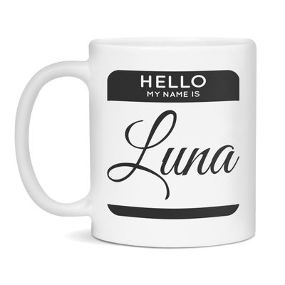 Hello My Name Is Luna Personalized Girl's Name Tag Label Sticker Coffee Mug, 11-Ounce White