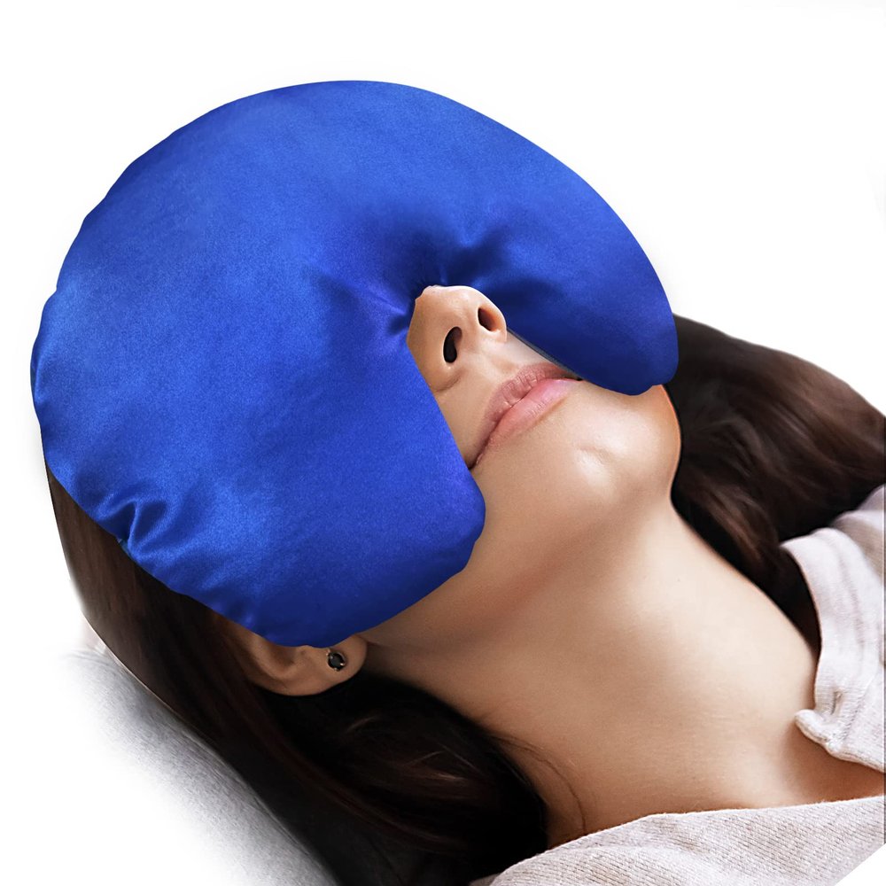 Atsuwell Sinus Mask, Warm Cold Compress Eye Mask for Dry Eyes, Weighted Eye Pillow Microwavable Face Heating Pad for Soothing Sinus Pressure and Relaxation, Blue