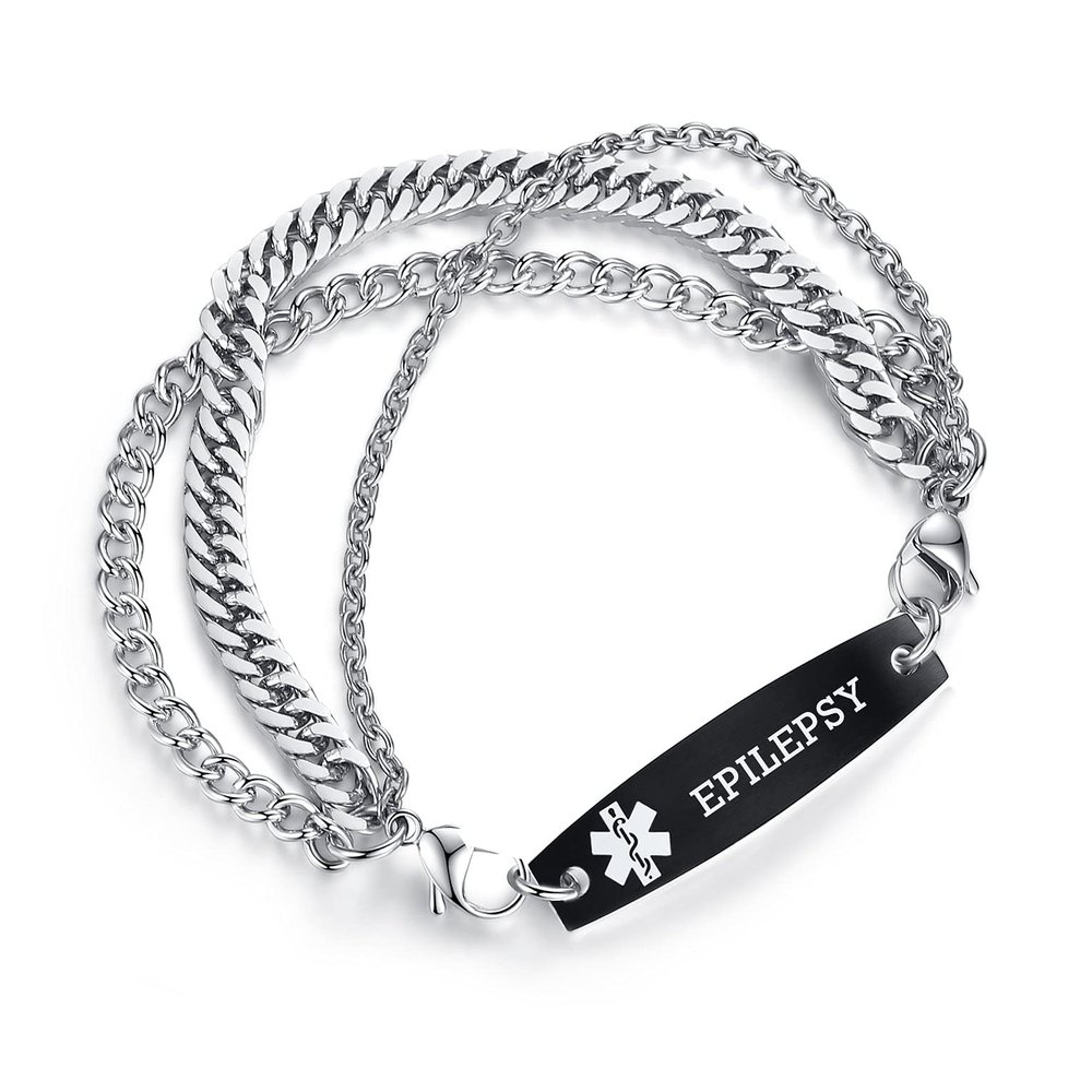 AOAMID Interchangeable Medical Alert id bracelets for Men Stainless steel medical bracelets for women with free engraving epilepsy(SILVER / BLACK8.5 IN)