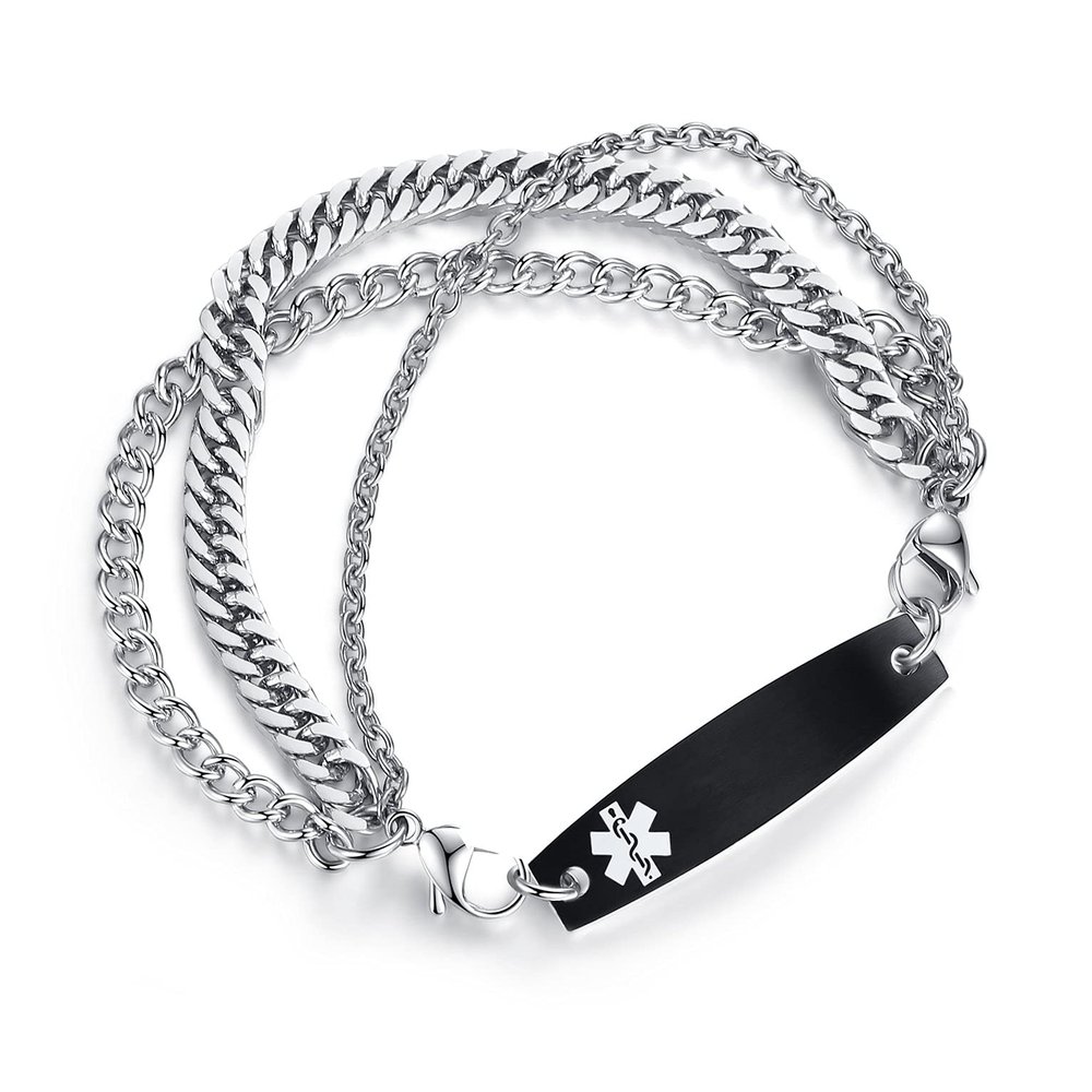 AOAMID Interchangeable Medical Alert id bracelets for Men Stainless steel medical bracelets for women with free engraving custom engraving(SILVER/BLACK-7.5 IN)