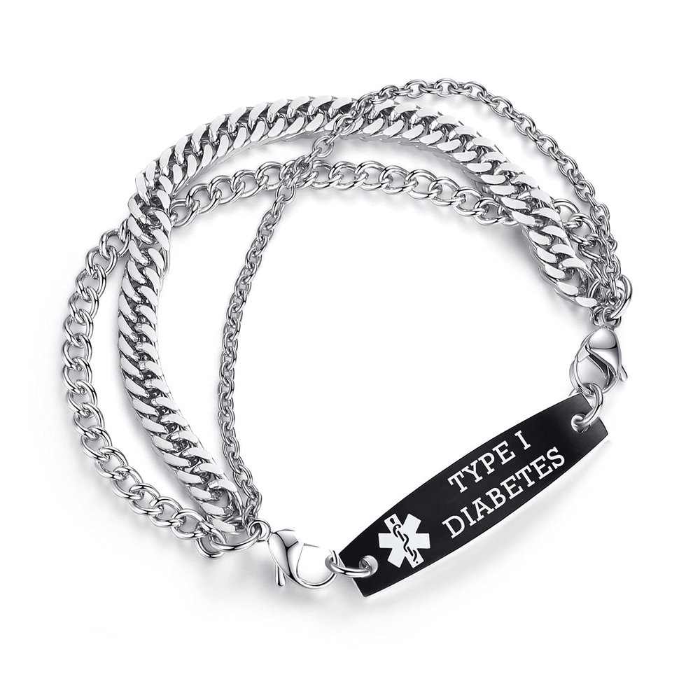 AOAMID Interchangeable Medical Alert id bracelets for Men Stainless steel medical bracelets for women with free engraving type 1 diabetes(SILVER/BLACK-7.5 IN)