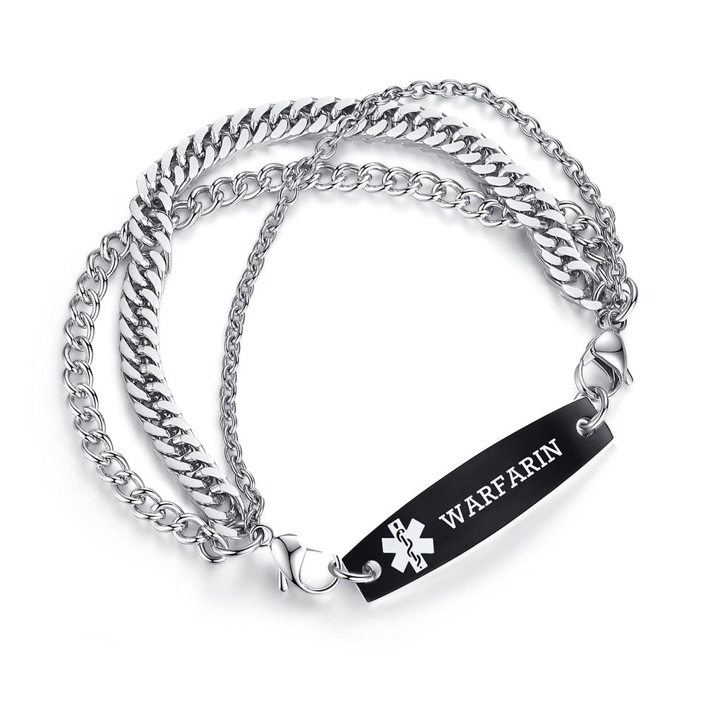 AOAMID Interchangeable Medical Alert id bracelets for Men Stainless steel medical bracelets for women with free engraving warfarin(SILVER / BLACK8.5 IN)