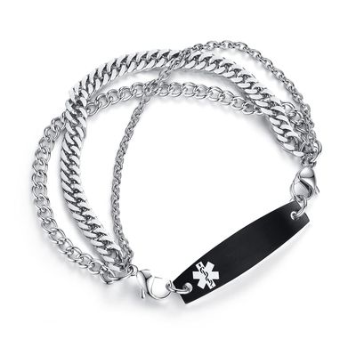 AOAMID Interchangeable Medical Alert id bracelets for Men Stainless steel medical bracelets for women with free engraving custom engraving(SILVER/BLACK-8.5 IN)