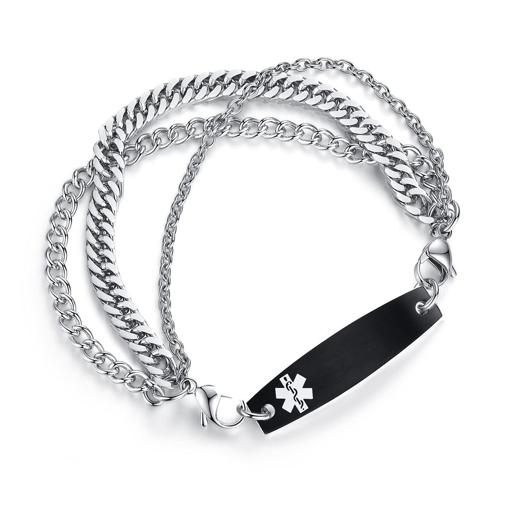 AOAMID Interchangeable Medical Alert id bracelets for Men Stainless steel medical bracelets for women with free engraving custom engraving(SILVER/BLACK-8.5 IN)