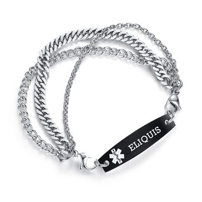 AOAMID Interchangeable Medical Alert id bracelets for Men Stainless steel medical bracelets for women with free engraving eliquis(SILVER / BLACK8.5 IN)