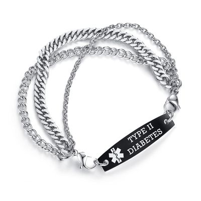 AOAMID Interchangeable Medical Alert id bracelets for Men Stainless steel medical bracelets for women with free engraving type 2 diabetes(SILVER/BLACK-7.5 IN)