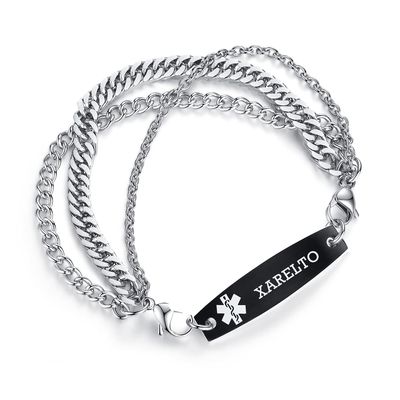 AOAMID Interchangeable Medical Alert id bracelets for Men Stainless steel medical bracelets for women with free engraving xarelto(SILVER / BLACK8.5 IN)