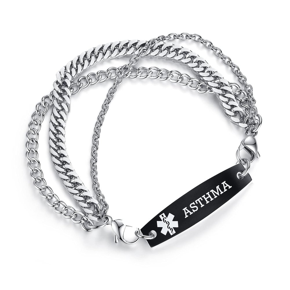 AOAMID Interchangeable Medical Alert id bracelets for Men Stainless steel medical bracelets for women with free engraving asthma(SILVER/BLACK-7.5 IN)