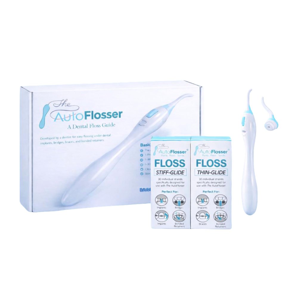 The AutoFlosser Threader Dental Floss Handle Kit - Dentist Designed Manual Flosser with Ergonomic Handle for Implants, Bridges, Braces & Bonded Retainers - Starter Kit with Stiff & Thin Glide Floss