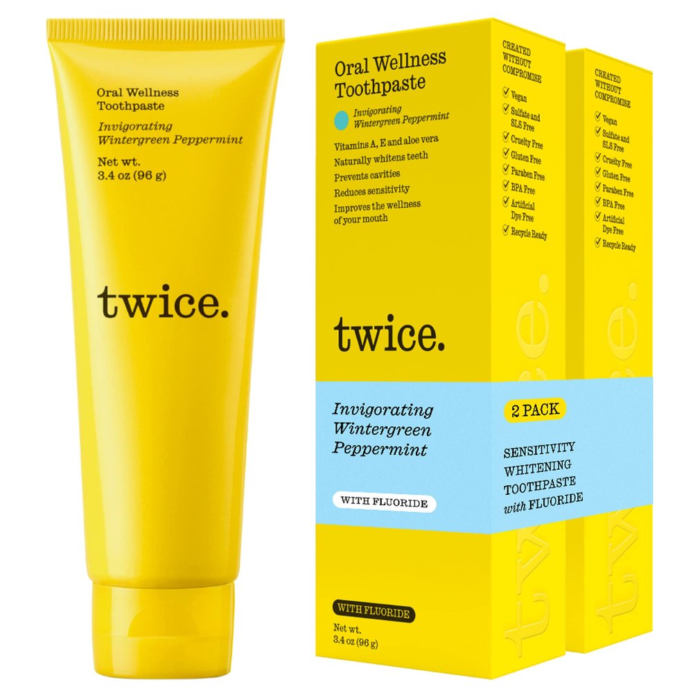 Twice Sensitive Teeth Whitening Toothpaste - SLS Free with Fluoride and Cavity Protection - Wintergreen and Peppermint (2-Pack)