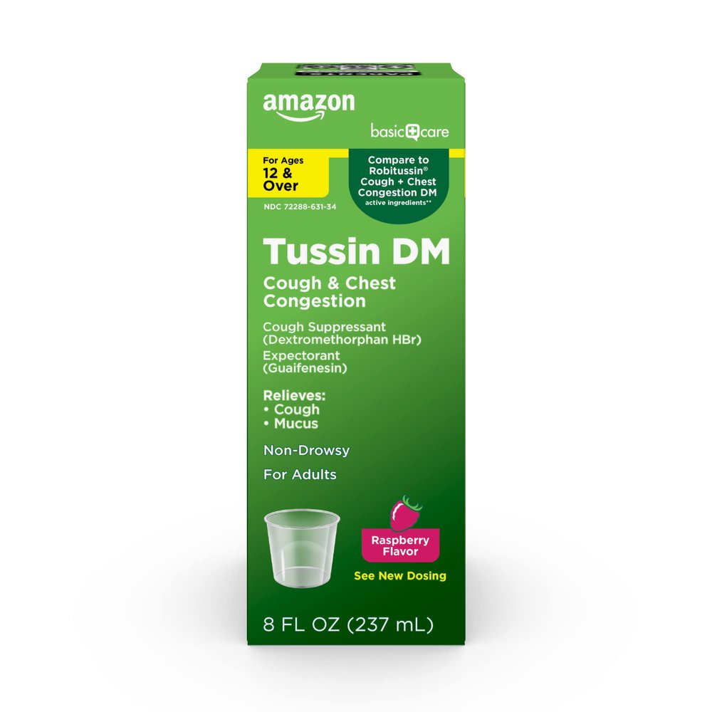 Amazon Basic Care Tussin Cough Plus Chest Congestion DM Syrup, Raspberry Flavor, 8 fl oz (Pack of 1)