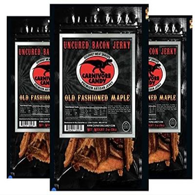 Carnivore Candy Old Fashioned Maple Bacon Bacon Jerky Jurassic Jerky with Amazing Taste, high protein content, no preservatives, MSG-free, low sodium (Old Fashioned Maple 3 Pack)