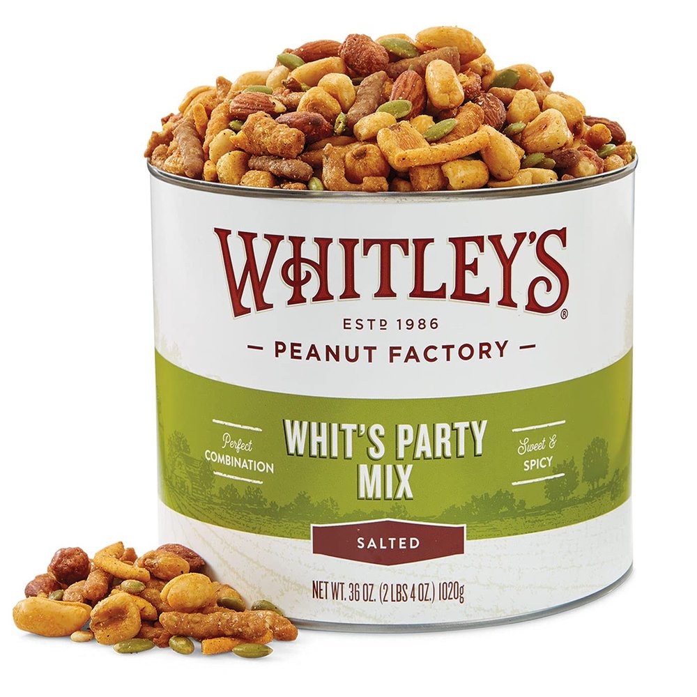 Whitleys 'Whit's Party Mix'  Sweet & Spicy Snack Mix, Sesame Sticks, Corn Nuts, Cajun Sticks & Nuts (36 Ounce Tin)
