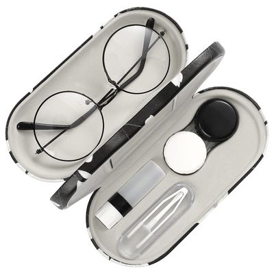 MoKo Double Eyeglass Case, Contact Lens Case with Mirror Tweezers Remover, 2 in 1 Double Sided Portable Contact Lens Box Holder Container Soak Storage Kit Sunglasses Pouch for Men & Women