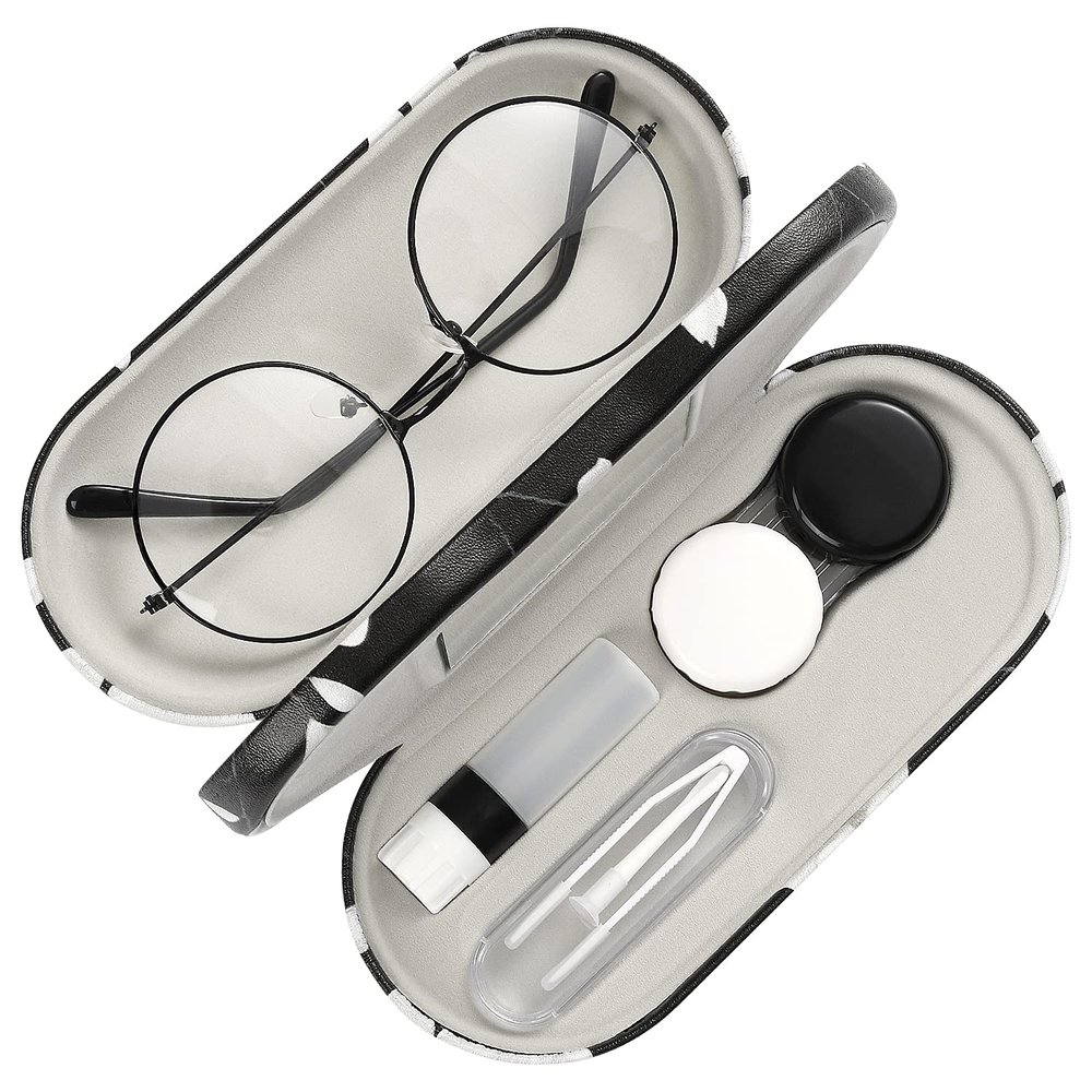 MoKo Double Eyeglass Case, Contact Lens Case with Mirror Tweezers Remover, 2 in 1 Double Sided Portable Contact Lens Box Holder Container Soak Storage Kit Sunglasses Pouch for Men & Women