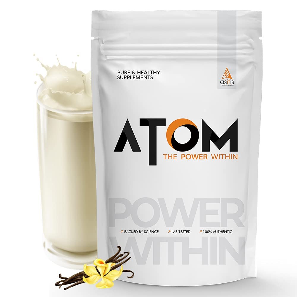 AS-IT-IS Atom Whey Protein 1kg/35.2 Oz With Digestive Enzymes | Usa Labdoor Certified for Accuracy & Purity | French Vanilla Flavor | 27g Protein | 5.7g Bcaa