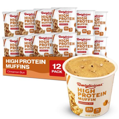 Bootylicious | 25g Protein Muffin | Cinnamon Bun | Low Carb, 16g Fiber, Low Glycimic Index, Low Sugar, 2.54oz Cup, 12-Pack