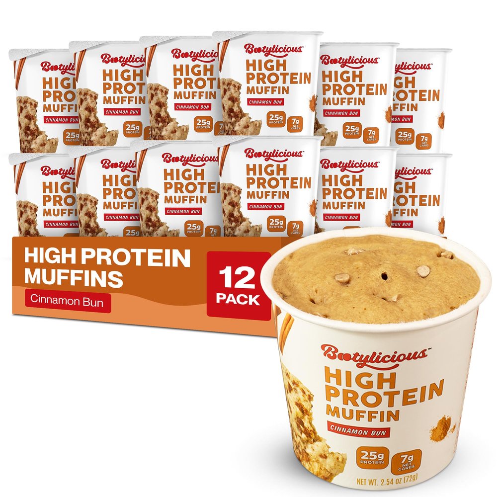 Bootylicious | 25g Protein Muffin | Cinnamon Bun | Low Carb, 16g Fiber, Low Glycimic Index, Low Sugar, 2.54oz Cup, 12-Pack