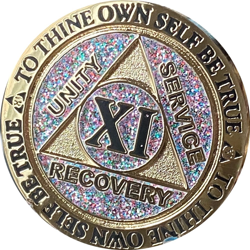 11 Year AA Medallion Reflex Birthday Funfetti Silver Glitter Gold Plated Color Chip