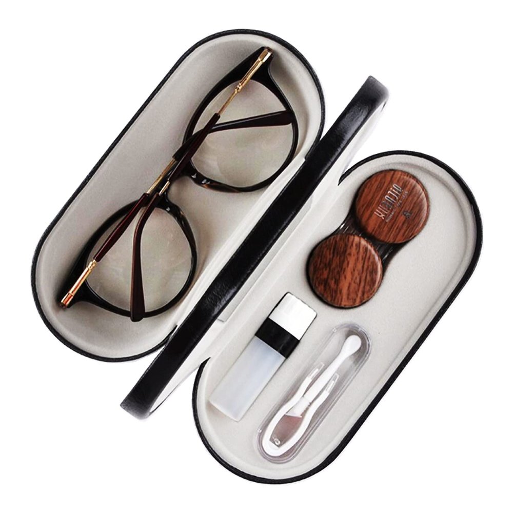 MUDOR 2 in 1 Contact Lens & Glasses Case, Double Sided Travel Kit with Remover Tool, Tweezers, Dual Use Design (Black)