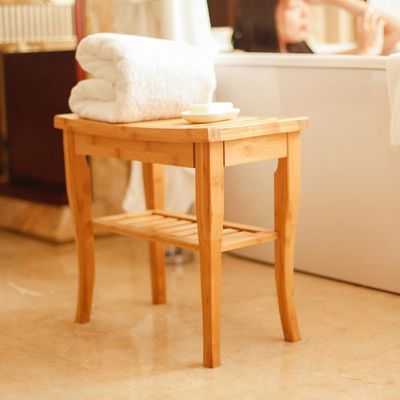 WL-ZZZ Shower Stools for Bathroom Wooden Non-Slip 2 Tiers Sauna Spa Bench Wood Stool Bath Stool for Elderly Disabled Bathing Seat Bench with Storage Shelf, Max 250kg