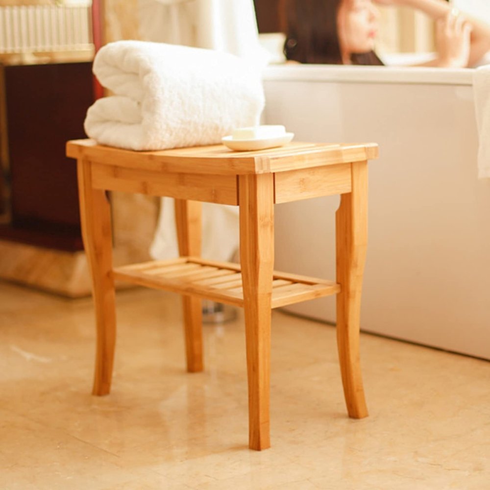 WL-ZZZ Shower Stools for Bathroom Wooden Non-Slip 2 Tiers Sauna Spa Bench Wood Stool Bath Stool for Elderly Disabled Bathing Seat Bench with Storage Shelf, Max 250kg