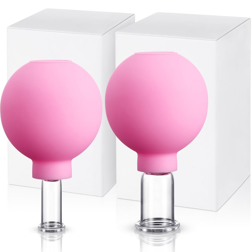 Nuanchu 2 Pieces Glass Face Cupping Set, Facial Cupping Cups Glass Silicone Cups Vacuum Suction for Face Skin Back Shoulder Muscle(1 Inch and 0.65 Inch Diameter,Pink)