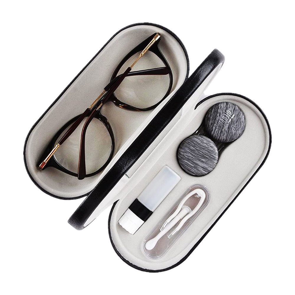 MUDOR 2 in 1 Contact Lens Case, Double Sided Contact Lens Travel Kit Includes Remover Tool with Tweezers,Dual Use Design for Contact Lens case and Glasses case (Black-2)