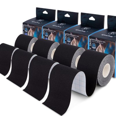 4 Pack Kinesiology Tape for Sports Athletes - 16 FT Waterproof Athletic Tape for The Knee, Elbow and Shoulder Muscles, etc.(5m X 5cm) (Black)