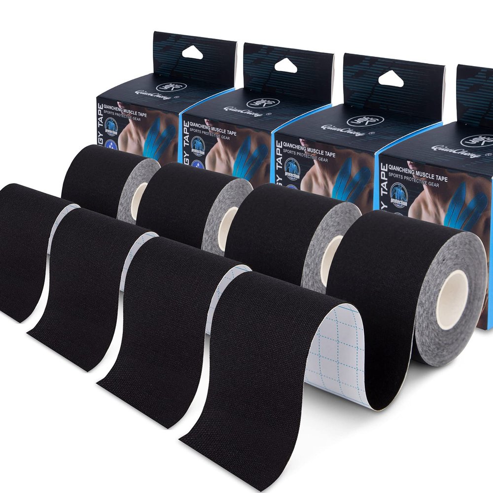 4 Pack Kinesiology Tape for Sports Athletes - 16 FT Waterproof Athletic Tape for The Knee, Elbow and Shoulder Muscles, etc.(5m X 5cm) (Black)