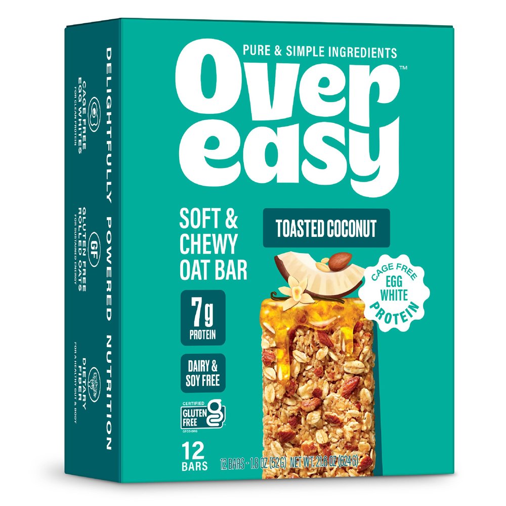 Over Easy Toasted Coconut Soft and Chewy Oatmeal Breakfast Bars - Granola and Protein Bars - 12 Energy Snack Bars - Clean, Gluten Free, Dairy Free, Soy Free and Kosher