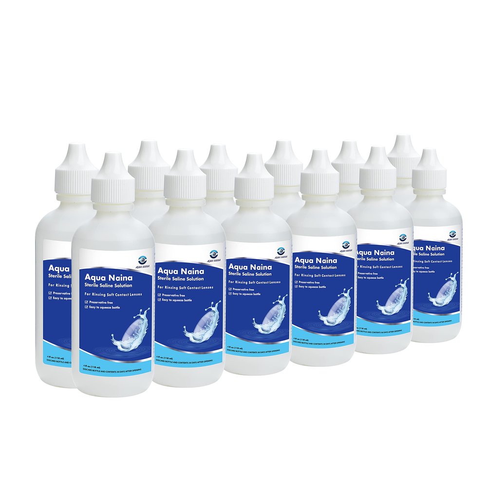 Oculus Curae Aqua Naina Saline Solution Preservative-Free Sterile Rinse for Soft, Hard & Gas Permeable Contact Lenses Unisol 4 Alternative Travel-Friendly 12 x 4 fl Oz Bottles