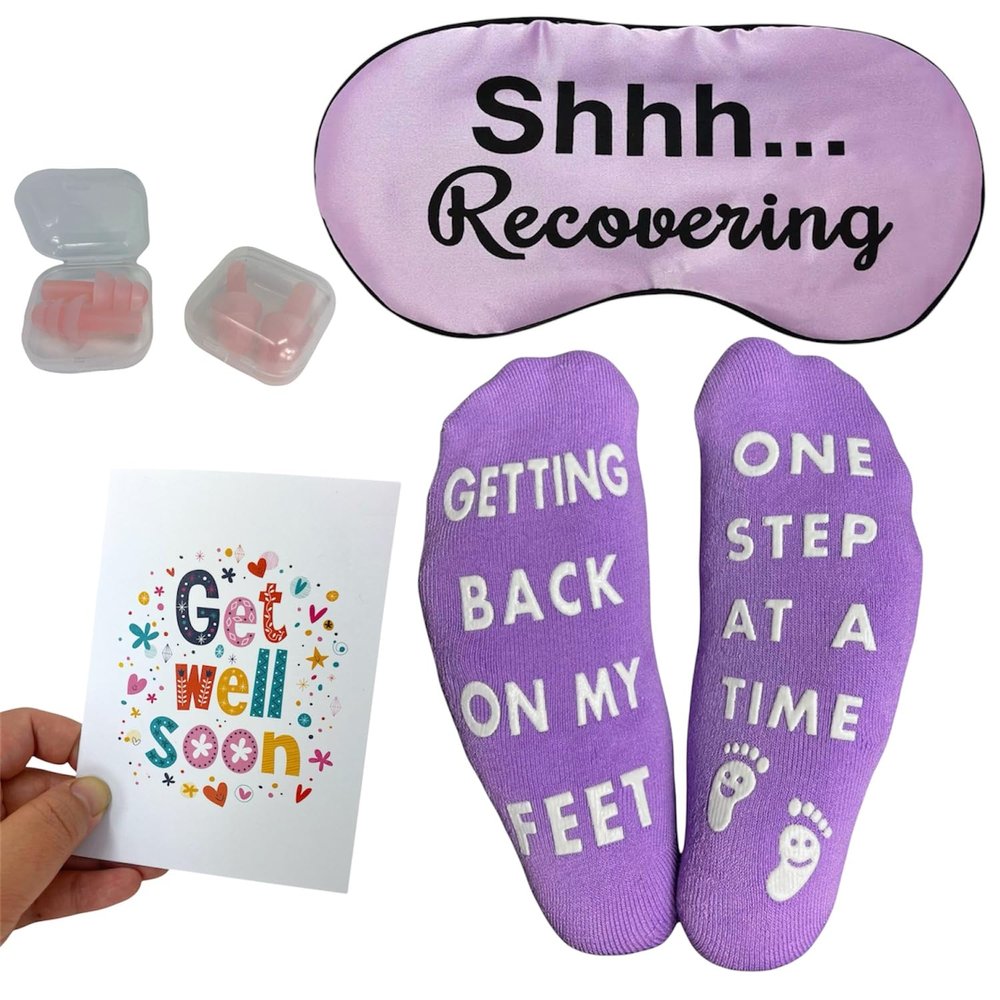 Get Well Soon Gift Set  Includes Sleep Mask, Cozy Funny Socks, Silicone Ear Plugs & Greeting Card  After Surgery Recovery & Thinking of You Care Package, Gift for Christmas Stocking Stuffer.