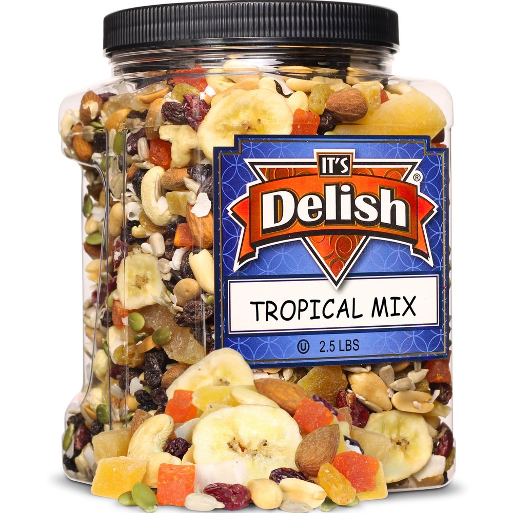 Tropical Mix  Fruit and Nut Trail Mix by Its Delish, 2.5 lbs Jumbo Reusable Container Jar | Energy Boost Healthy Snack with Protein & Vitamins with Mixed Nuts & Dried Fruits  Keto, Vegan, Kosher
