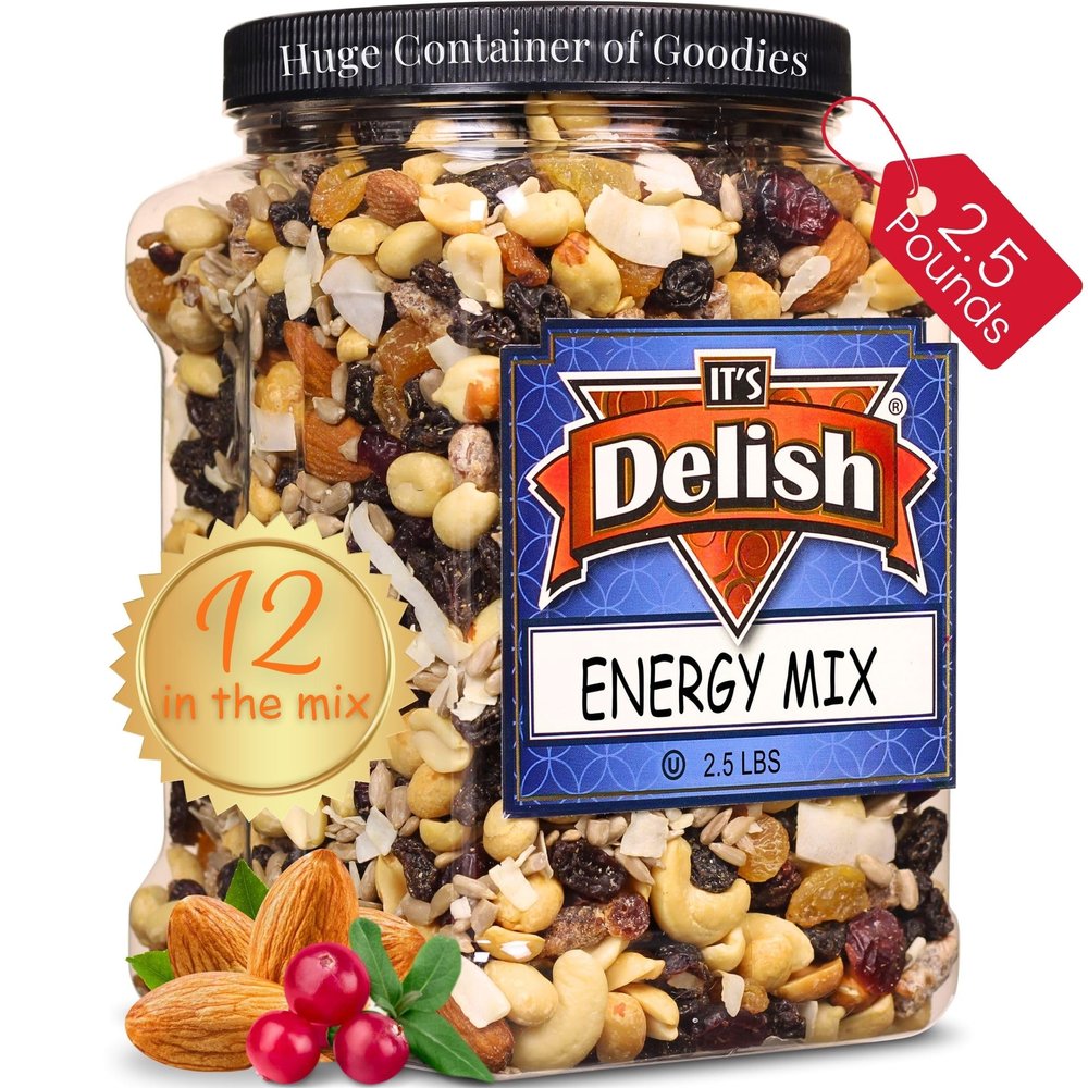 Energy Mix Fruit and Nut Trail Mix by Its Delish  2.5 lbs (40 Oz) Jumbo Reusable Container Jar  Energy Boost with Proteins, Fibers, and Vitamins with Mixed Nuts & Dried Fruits  Great Snack for Home, Office, Parties - Keto, Vegan, Kosher