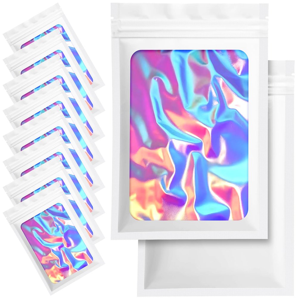 100 Pack Holographic Packaging Resealable Bags for Small Business -5.5 x 7.8 Inch Pouch Bags for Lipgloss Jewelry Cookies Sample - White
