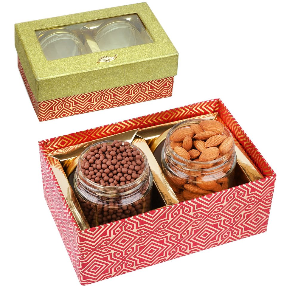 Jaiccha Ghasitaram Dryfruits Hamper-Golden box with 2 Jars of Almonds and Choco Coated Rice Crispies |Gift for Diwali,Holi,Rakhi,Valentine,Christmas,Birthday,Anniversary,Her,Him|