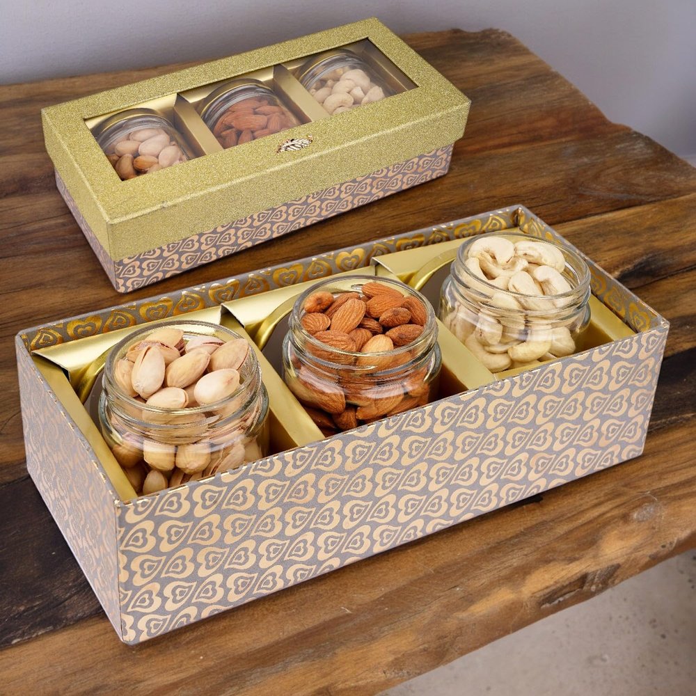 Jaiccha Ghasitaram Dryfruits Hamper-Golden box with 3 Jars of Cashews, Almonds and Pistachios |Gift for Diwali,Holi,Rakhi,Valentine,Christmas,Birthday,Anniversary,Her,Him|