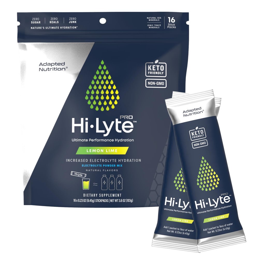 Adapted Nutrition Hi-Lyte Pro Hydration Packets - 16 Individual Drink Packets | Lemon Lime | Flavored Electrolyte Powder Packets | Sugar-Free, Zero Carb, Zero Calorie