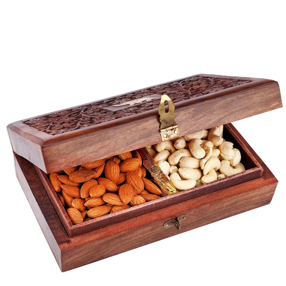 Jaiccha Ghasitaram Diwali Gifts - Dryfruits Hamper-Wooden Carving Jewellery Box with Almonds and Cashews |Gift for Diwali,Holi,Rakhi,Valentine,Christmas,Birthday,Anniversary,Her,Him|