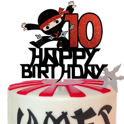 10th Happy Birthday Cake Topper Kung FU Ninja Themed Karate Boy Girl Glitter Party Cake Decorations