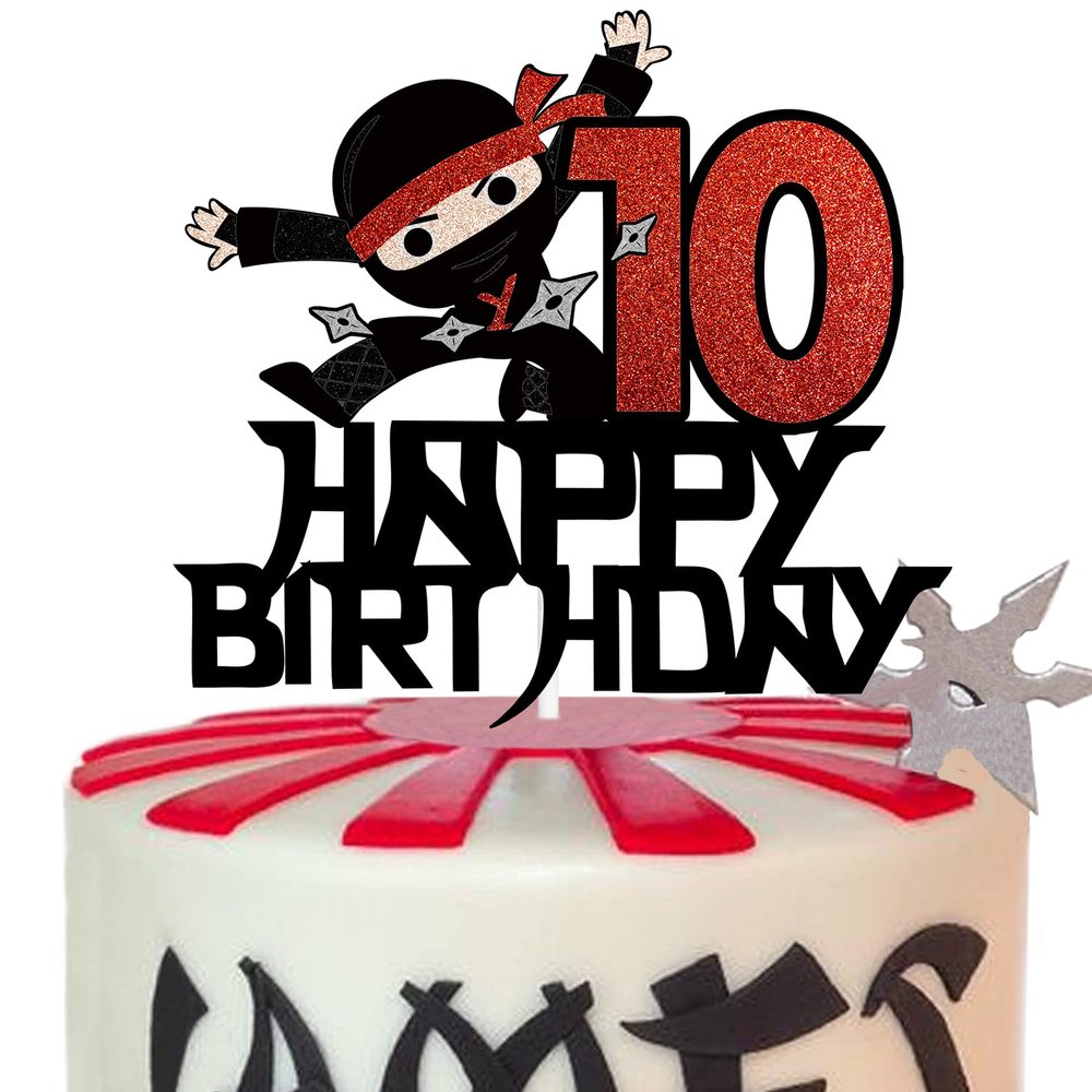 10th Happy Birthday Cake Topper Kung FU Ninja Themed Karate Boy Girl Glitter Party Cake Decorations