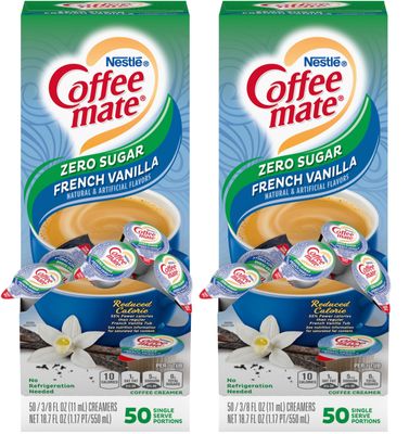 Nestle Coffee mate Liquid Coffee Creamer Singles, Zero Sugar French Vanilla, 50 Ct Box (Pack of 2) with Coffee Scoop