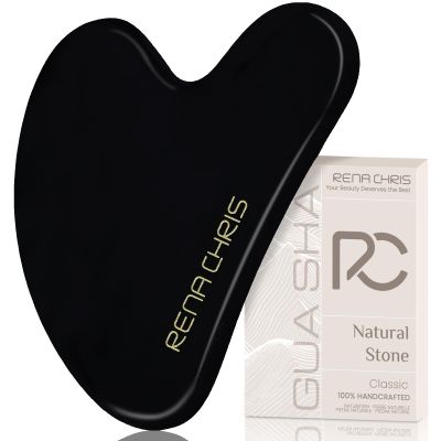 Rena Chris Gua Sha Facial Tools: Natural Obsidian Guasha Tool for Face Acupuncture Therapy, Facial Massager for Jawline Sculpting and Puffiness Reducing (Black)