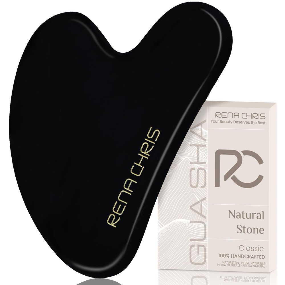 Rena Chris Gua Sha Facial Tools: Natural Obsidian Guasha Tool for Face Acupuncture Therapy, Facial Massager for Jawline Sculpting and Puffiness Reducing (Black)