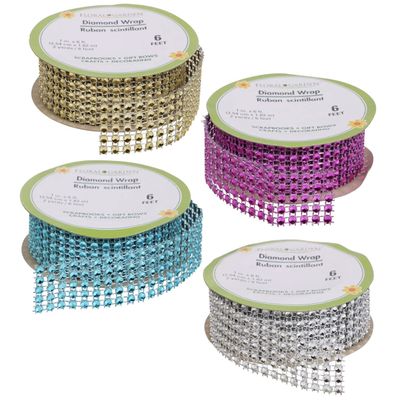 Greenbrier Diamond Wrap Ribbon Set of 4 Blue Silver Gold Pink Decor Arts & Crafts Scrapbooks Gift Bows Decorating Holidays Party Events Birthdays Presents Wrapping 1in x 6ft