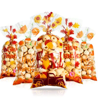 120 Pieces Thanksgiving Treat Bags Thanksgiving Goodie Bags Cellophane Maple Leaf Pumpkin Clear Fall Treat Bag Reusable Colored Cello Decorative Pumpkin with Tie Party Supply for Autumn Party Favor